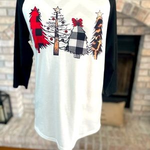 Christmas raglan top with multiple different colors Christmas Trees.